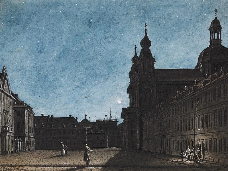 1747-Giuseppe Quaglio - Mannheim Theaterplatz al chiaro di luna